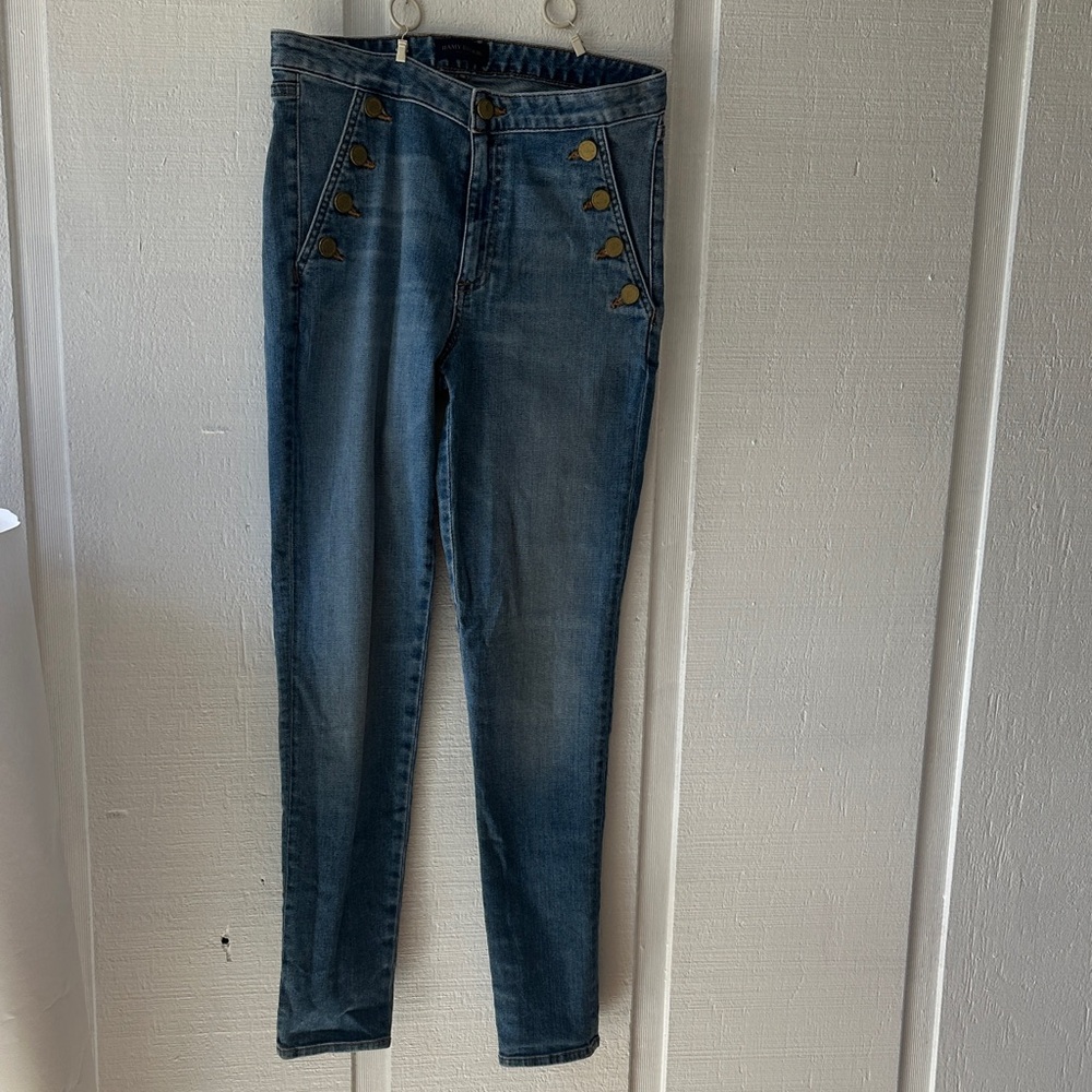 Ramy Brook Gold Button High Rise Jeans Sailor Style Designer Denim Size 8